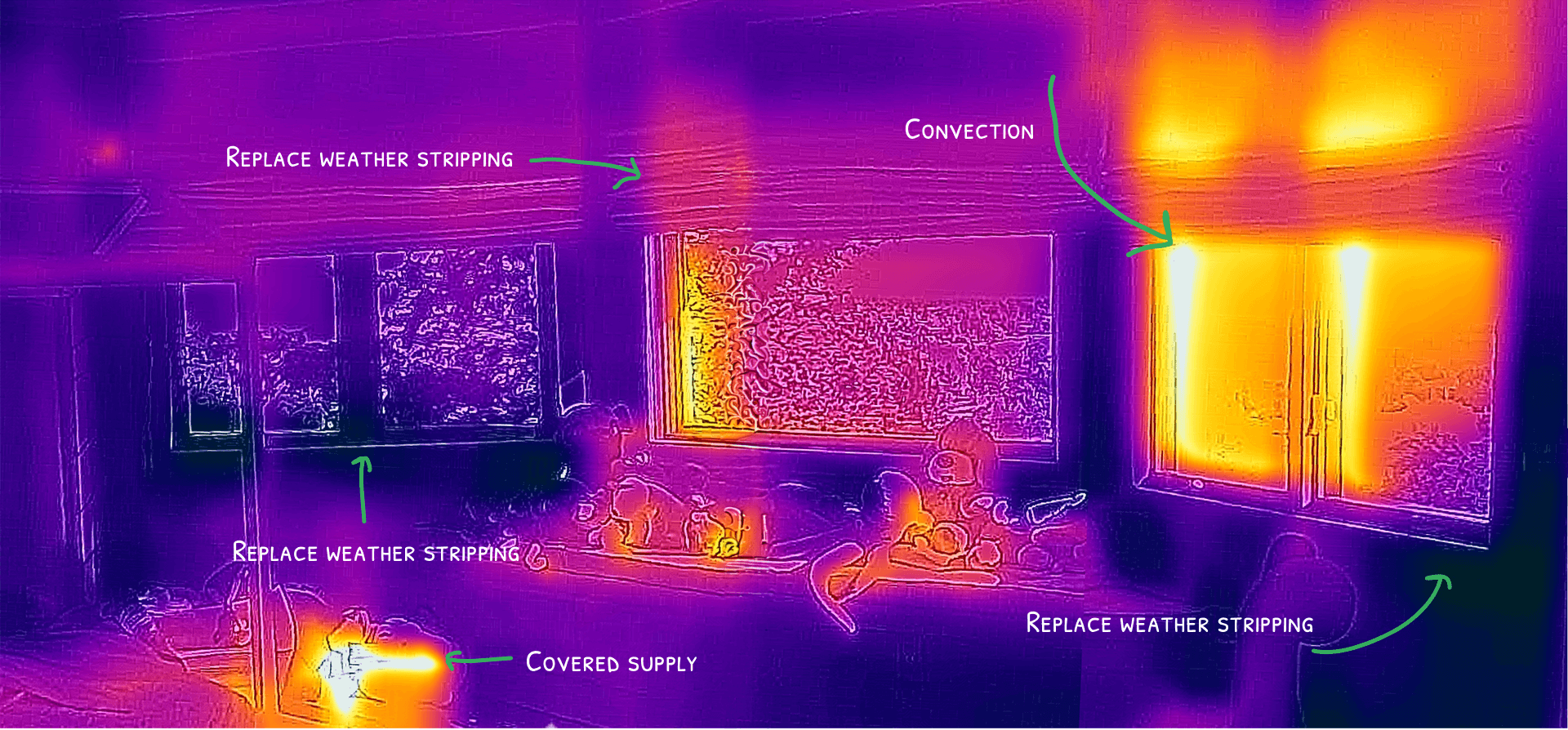 Children's bedroom through a thermal camera showing various energy leaks.